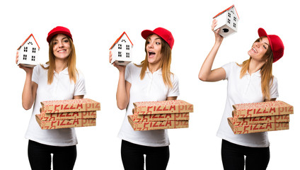 Canvas Print - Set of Pizza delivery woman holding a little house