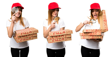 Wall Mural - Set of Pizza delivery woman with magnifying glass