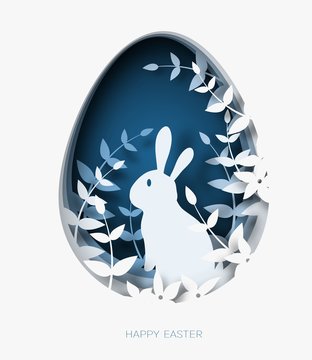 3d abstract paper cut illustration of colorful paper art easter rabbit, grass, flowers and blue egg 