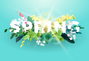 Bright spring design on a blue background. A voluminous inscription with an ornament from flowers, green leaves and plant branches. The effect of sunlight. Vector illustration.