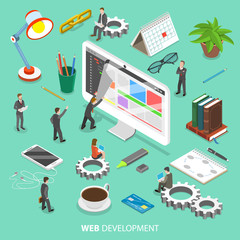 web development flat isometric vector concept. people are taking off the web page that looks like pa