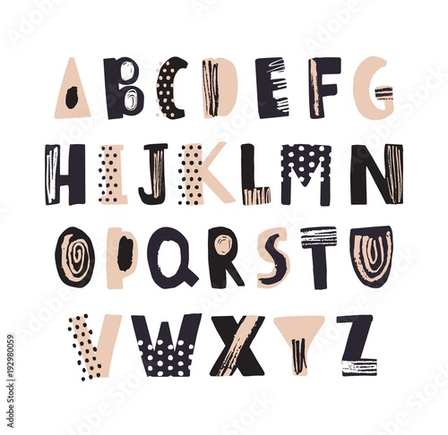 Foto-Schiebegardine Komplettsystem - Funky latin font or decorative english alphabet hand drawn on white background. Creative textured letters arranged in alphabetical order. Modern typeface with dots and scribbles. Vector illustration. (von Good Studio)