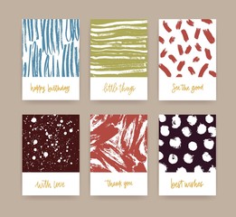 Aufkleber - Set of card templates decorated with hand drawn textures with paint traces, stains, scribble and handwritten wishes. Bright colored vector illustration for flyer, thank you note, greeting card.