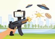 © Tatyana - Augmented reality games. Boy with AR gun playing a shooter. Game weapon with smartphone. Vector illustration.