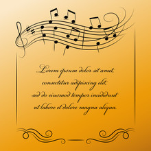 Musical Frame With Place For Text On Golden Background.  Poster Or Banner For Classical Music. Design For A Music Festival, Concert.