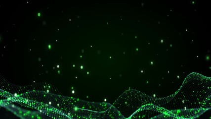 Green wave with digital binary code. Science fiction concept of neural network and artificial Intelligence. Seamless loop 3D animation rendered with DOF 4k (4096x2304)
