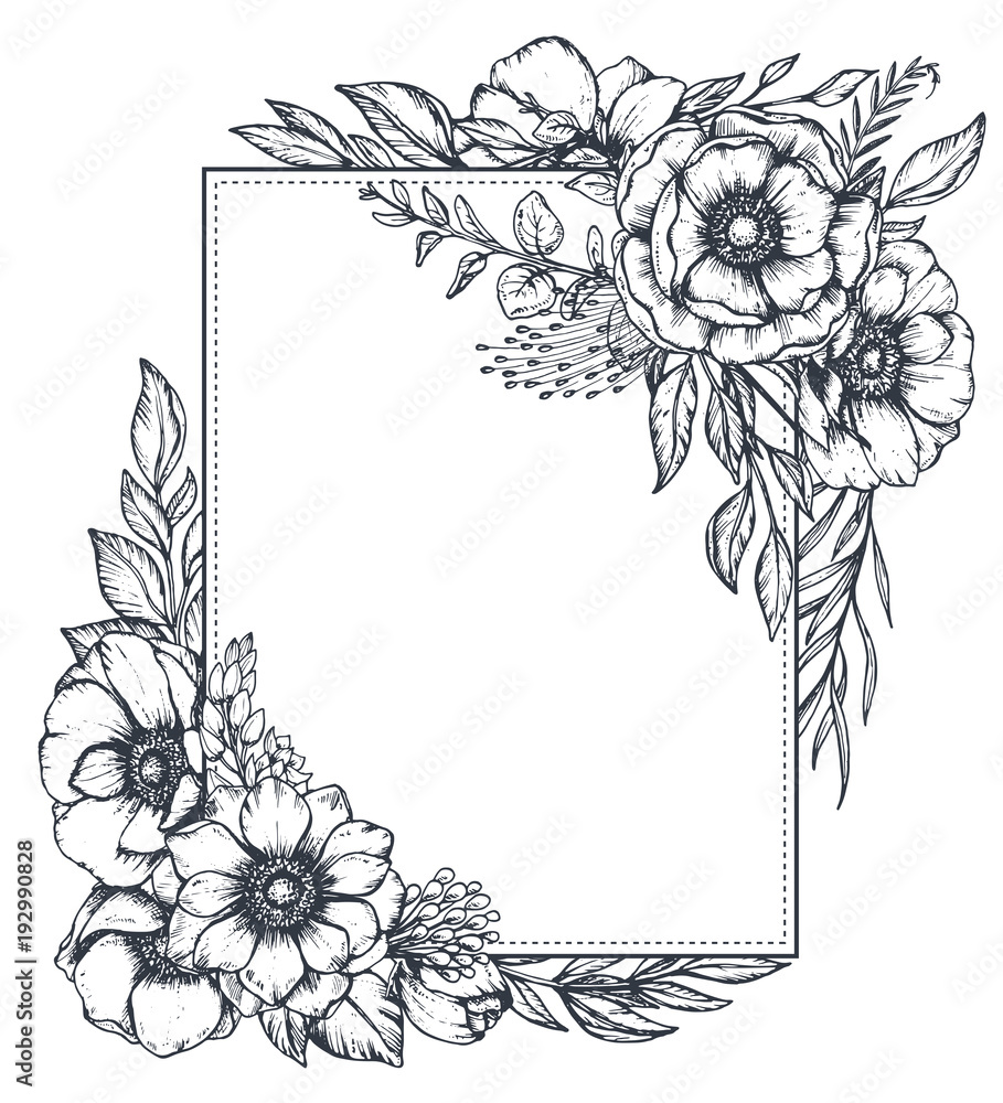 Vector floral frame with bouquets of hand drawn anemone flowers Stock ...