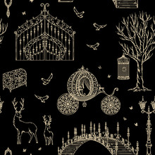 Enchanted Forest. Seamless Pattern With Vintage Gate, Lantern, Carriage, Bridge, Tree, Chest, Cage, Mirror, Deer. Fairy Tale Theme.  Collection Of Decorative Design Elements. Vector Illustration