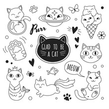 Cats Icons Collection. Vector Illustration Of Cute Funny Doodle Cats Outline Icons In Different Poses And Unusual Interpretation. Isolated On White.