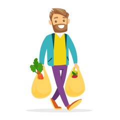 Poster - Young caucasian white man walking with plastic shopping bags with healthy vegetables and fruits. Concept of healthy nutrition. Vector cartoon illustration isolated on white background. Square layout.