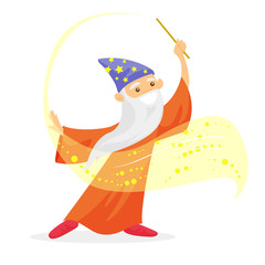 Old caucasian white magician in a hat and a long cape waving magic wand