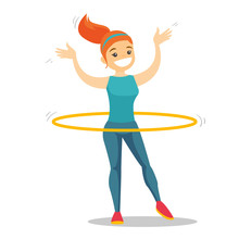 Young Caucasian White Sportswoman Doing Fitness Exercises With Hula Hoop. Cheerful Woman At Workout With Hoop For Her Waist. Vector Cartoon Illustration Isolated On White Background. Square Layout.