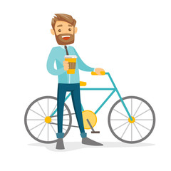 Sticker - Young caucasian white businessman riding a bicycle to work. Man with a cup of coffee standing next to the bicycle. Healthy lifestyle concept. Vector cartoon illustration isolated on white background.