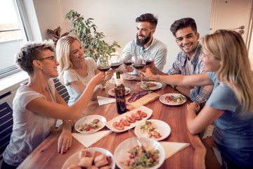 Poster - Young friends celebrate with alcohol and food