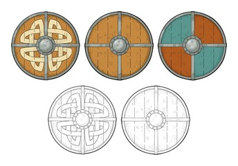 Set wood round shields with viking runes, iron border. Engraving