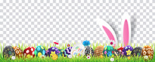 Happy Easter Image Vector. Modern Happy Easter Background With Colorful Eggs, Bunny, Rubbit, And Spring Flower. Template Easter Greeting Card, Vector.