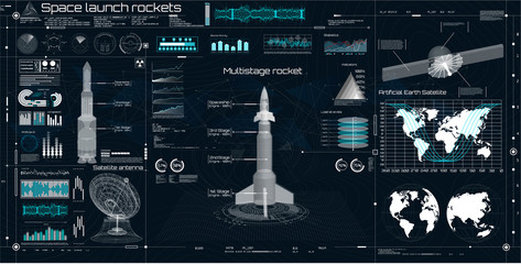 Wall Mural - space launch rockets, instrument panel, radars, space dish, 3d spaceship, space satellite in the hud