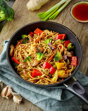 Asian Egg Noodles With Vegetables And Meat