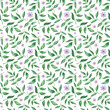 Decorative seamless pattern with pink flowers and branches of green leaves on white background