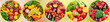 Panoramic photo fresh fruits and vegetables in round frame on blurred background.