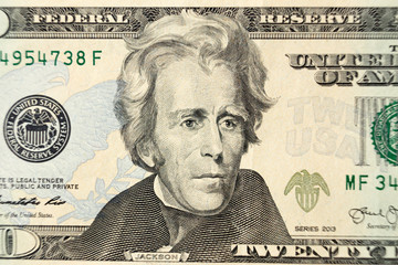 Dollars closeup, Andrew Jackson portrait, Twenty dollar bill