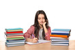 © Africa Studio - Cute teenager girl doing homework against white background