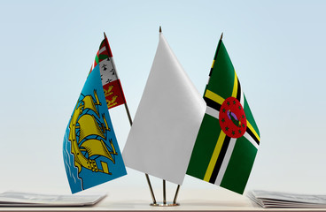 Flags of Saint Pierre and Miquelon and Dominica with a white flag in the middle