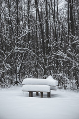 Wooden table and bench covered with snow in the park in winter.