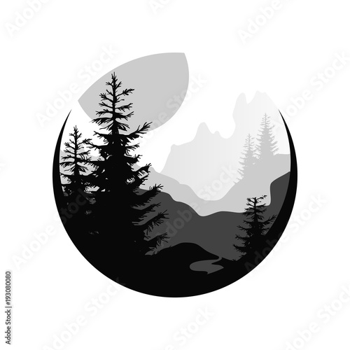 pics Sunset Silhouette Black And White https stock adobe com images beautiful nature landscape with silhouettes of coniferous trees sunset of big sun natural scene icon in geometric round shaped design vector illustration in black and white colors 193080080 start checkout 1 content id 193080080
