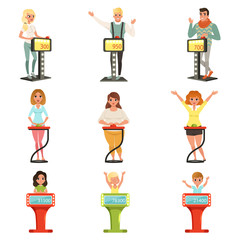 Poster - People taking part at quiz show set, players answering questions standing at stand with buttons vector Illustrations