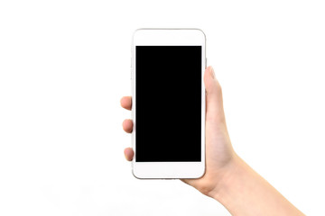 Wall Mural - mockup of a generic modern white and silver digital smartphone in woman hand and isolated on a white