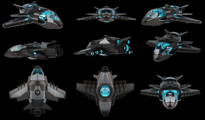 Poster - Futuristic spacecraft collection isolated on black background 3D rendering