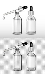 White glass transparent bottle. Silver cap with dropper