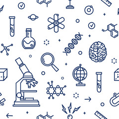 Seamless pattern with laboratory equipment, attributes of science, scientific experiment, research drawn with contour lines on white background. Monochrome vector illustration in line art style.