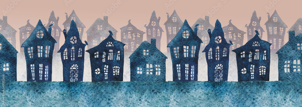 Seamless watercolor illustration of a foggy street in the night with ...