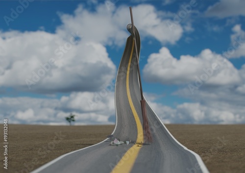 Obraz na plátně Surralistic road self-cleaning from grabage by broom in desert with blue sky 3d