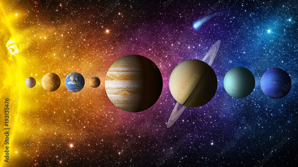 Solar system planet, comet, sun and star. Elements of this image furnished by NASA. Sun, mercury, Venus, planet earth, Mars, Jupiter, Saturn, Uranus, Neptune. Science and education background. - obrazy, fototapety, plakaty 