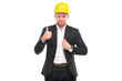 © Mediaphotos - Portrait of architect wearing suit and yellow hardhat on white background
