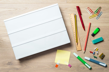 Wall Mural - Blank lightbox with copy space on desk from above
