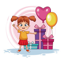 Poster - Birthday girl with gifts and balloons vector illustration graphic design