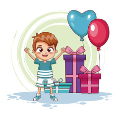 Poster - Boy with birthay gifts and balloons vector illustration graphic design