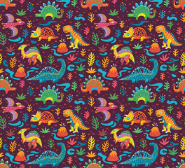 Wall Mural - Seamless pattern with cute little cartoon dinosaurs and flowers. Ideal for kids, art prints and surface