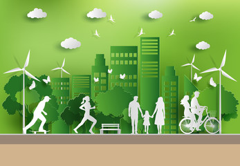 Wall Mural - Paper art style of landscape with eco green city, people enjoy fresh air in the park, save the planet and energy concept, flat-style vector illustration.