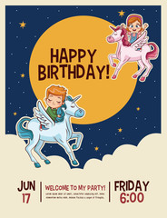 Poster - Happy birthday invitation card moond and clouds vector illustration graphic design