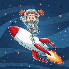 Wall Mural - Girl on space with rocket cartoon vector illustration graphic design childhood space party