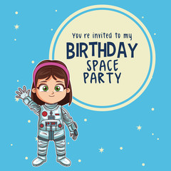 Wall Mural - Happy birthday invitation card, astronauts kids cartoons vector illustration graphic design childhood space party