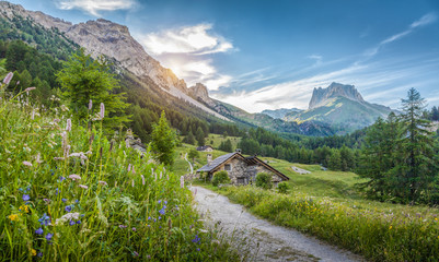 Wall Mural - Alpine scenery with mountain chalets at sunset in summer