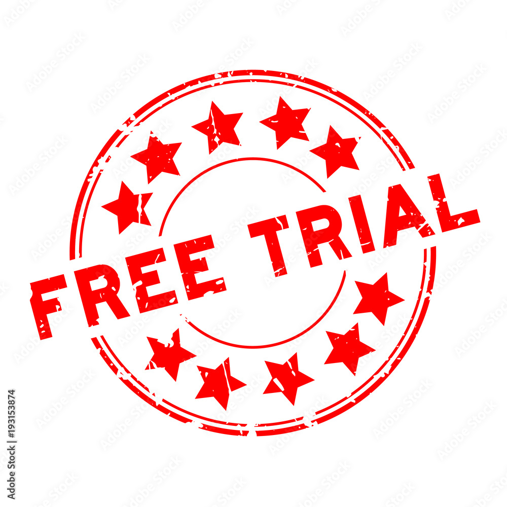 Grunge red free trial word with star icon round rubber seal stamp on ...