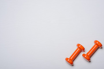 Wall Mural - Two dumbbells of orange are lying on a white background with a tree texture