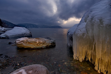 Sticker - Russia. Mountain Altai. Sunset on lake Teletskoye.